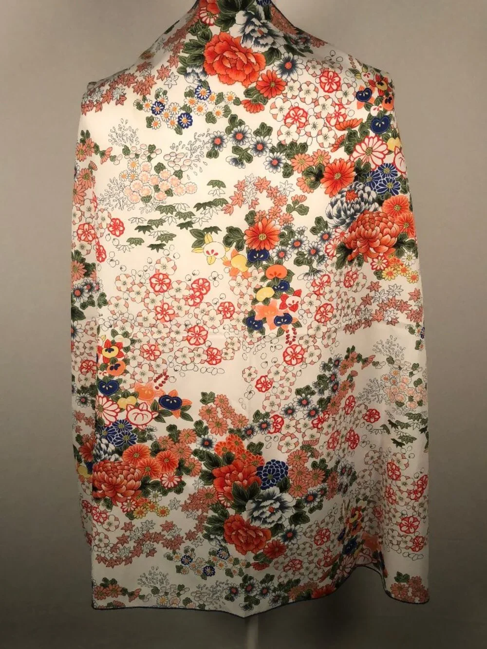 Japanese Inspired Floral Square Scarf Ivory Orange Blue Green 34
